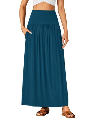 Women's Casual Elastic High Waist Flowy A-line Pleated Long Maxi Skirt with Pockets