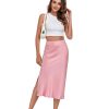Women's Silk Satin Midi Skirts High Waist Elastic Ruffle Elegant A Line Elegant Casual Slit Party Skirt