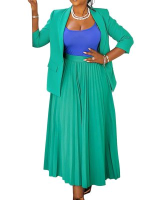 Women 2 Piece Plus Size Business Skirt Suit Sets Long Sleeve Open Front Blazer and High Waist Pleated Maxi Skirt