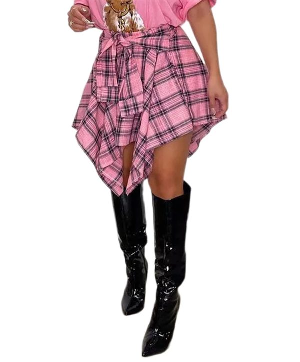 Women's Plaid Skirts High Waisted Knot Front Asymmetrical Hem Mini Skater Skirt