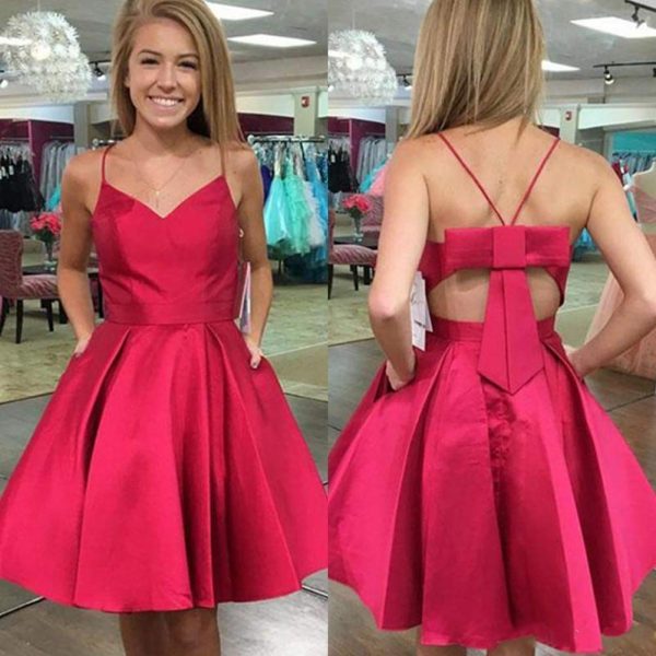 Women's Satin Suspender Skirt V-Neck Homecoming Dresses A-line Pocket Party Dress Grape Purple