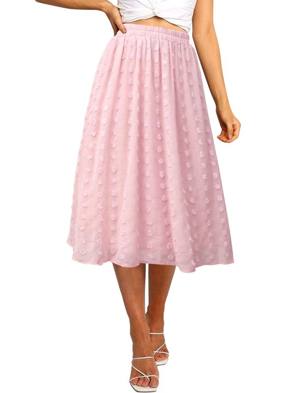 Women's Boho Swiss Dot High Elastic Waist Pleated A-Line Midi Skirt
