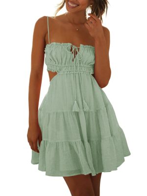 Women's Summer Beach Mini Dress Adjustable Spaghetti Straps Sexy Backless Tiered Sleeveless Boho Dresses