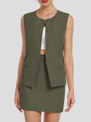 Womens Two Piece Blazer Outfits Skirt Set Button Down Vest Short Skort Crew Neck Summer Business Casual Suit