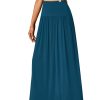 Women's Casual Elastic High Waist Flowy A-line Pleated Long Maxi Skirt with Pockets