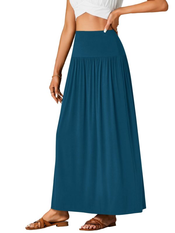 Women's Casual Elastic High Waist Flowy A-line Pleated Long Maxi Skirt with Pockets