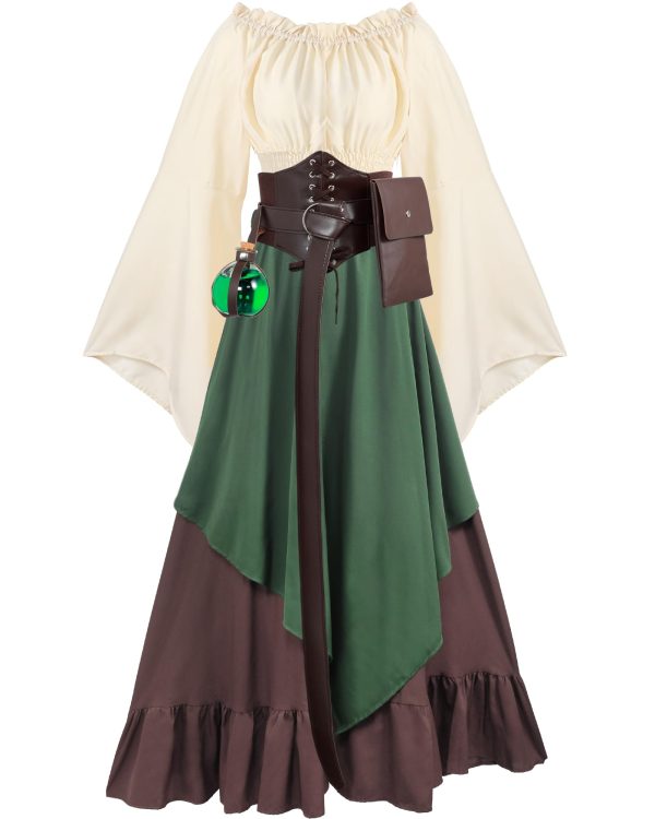 Women Medieval Renaissance Dress Costume Halloween Blouse Top Skirt Pouch Corset Belt Bottle