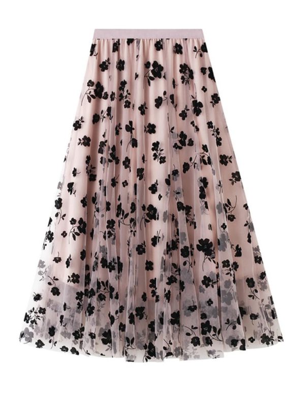 Floral Skirts for Women Midi Length High Waisted A Line Cute Fairy Pleated Layered Tulle Skirt