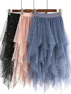 Women's Tulle Skirt Formal High Low Asymmetrical Midi Length Elastic Waist Tutu Layered Puffy Fairy Skirts