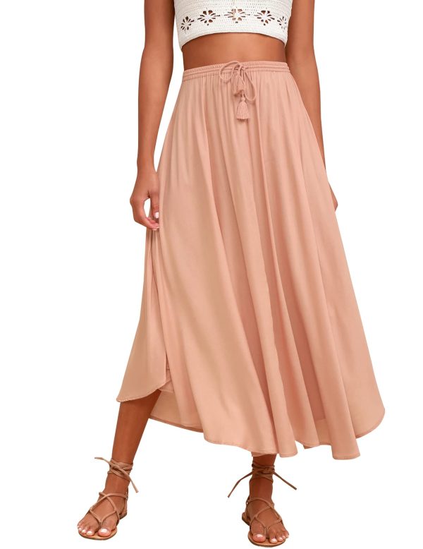 Womens Flowy Pleated Skirts A Line Elastic High Waisted Midi Skirt Boho Casual Long Skirts Brown Leaf Print XXL