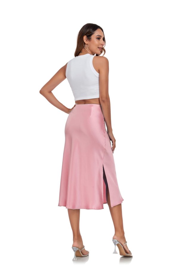 Women's Silk Satin Midi Skirts High Waist Elastic Ruffle Elegant A Line Elegant Casual Slit Party Skirt