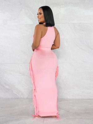 2 Piece Outfits for Women Sexy Crop Top Ruched Bodycon Maxi Dresses Fringe Skirt Sets Night Club Jumpsuits