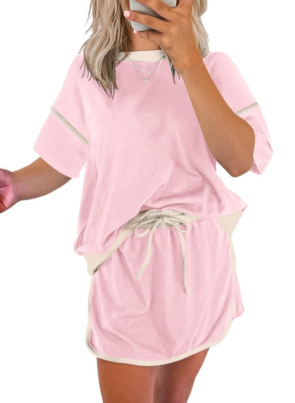 Women's 2 Piece Sets Summer Casual Short Sleeve Tops Matching Drawstring Mini Skirt Going Out Lounge Outfits