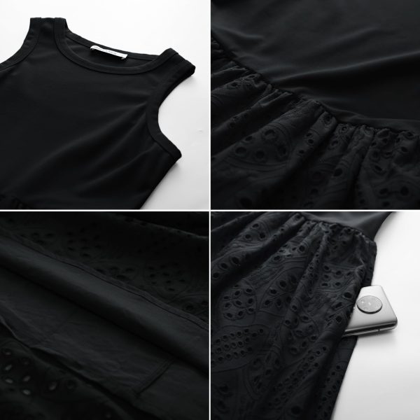Women's Summer Sleeveless Tank Dress A Line Midi Dress Eyelet Crewneck Casual Holiday Dress with Pockets