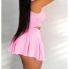 Women's Summer 2 Piece Outfits Half Zip Crop Tank Tops and Mini Pleated Skirt Set