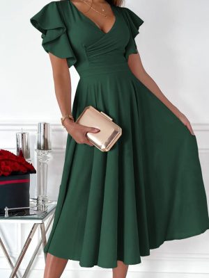 Summer Midi Dress 2025 Spring Ruffle Sleeve V Neck Cocktail Wedding Guest A Line Fit and Flared Dresses