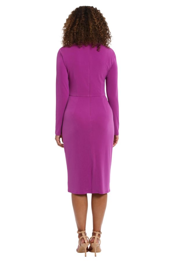 Women's Draped Neckline Slimming Midi Length Jersey Sheath Dress with Stretch
