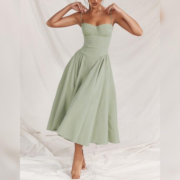 Women’s Corset Dress Sexy Spaghetti Strap Bustier Midi Dress Low Cut Flowy Pleated Hem Formal Dresses with Pockets