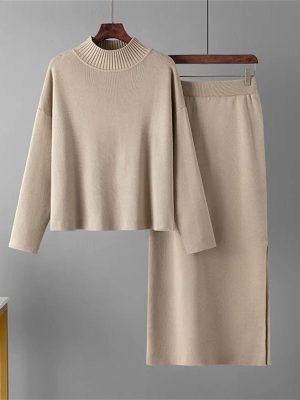 Elegant Knitted Turtleneck Sweater + Two Piece Skirt Set Womens Casual Loose Warm Tracksuits Solid Color Suits