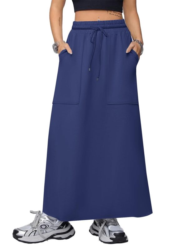Women's Drawstring Maxi Skirt with Pockets High Waist A Line Long Skirts