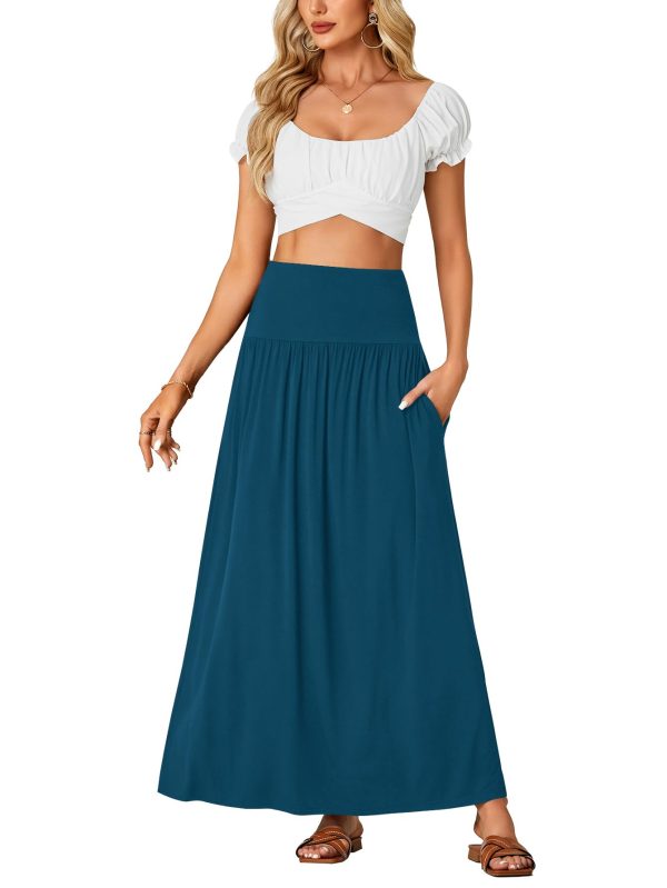 Women's Casual Elastic High Waist Flowy A-line Pleated Long Maxi Skirt with Pockets