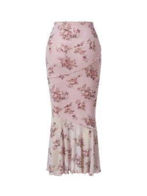 Women's Floral Mesh Ruffle Hem Maxi Skirt High Waisted Fishtail Long Skirts