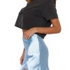 Women's Satin Silky Lace Trim Split Slit Hem Zipper High Wasit Mini Short Skirt