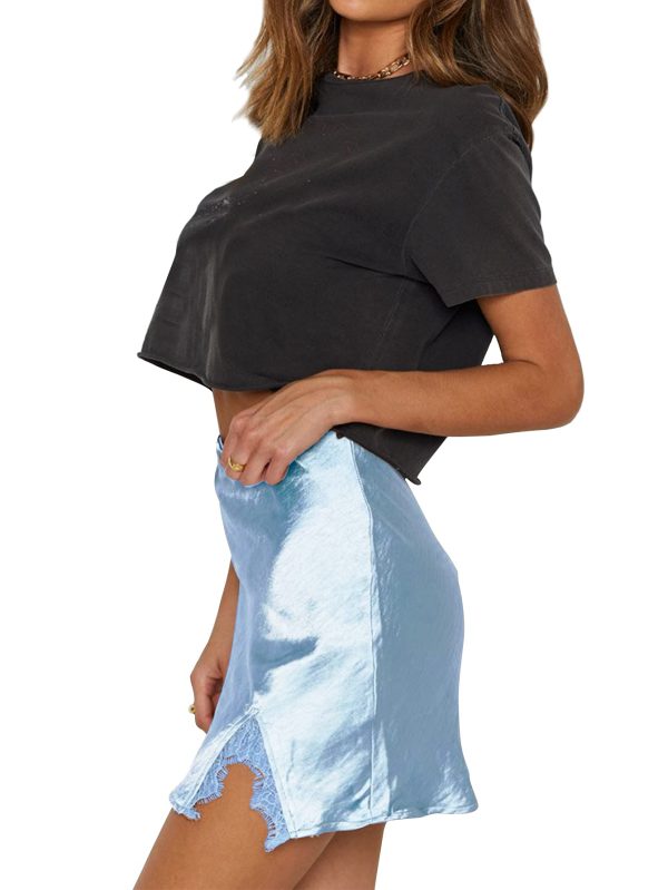 Women's Satin Silky Lace Trim Split Slit Hem Zipper High Wasit Mini Short Skirt