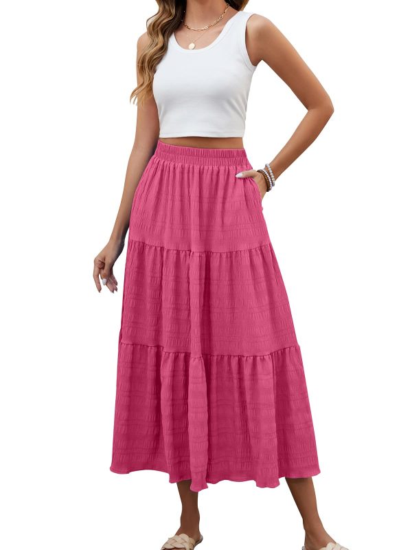 Women's Summer Casual Elegant Smock Layered Tiered Maxi Skirt High Waisted A Line Flowy Long Skirts with Pockets
