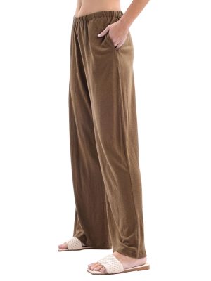 Womens Linen Knit High Waist Elastic Wide Leg Lounge Pants with Pockets
