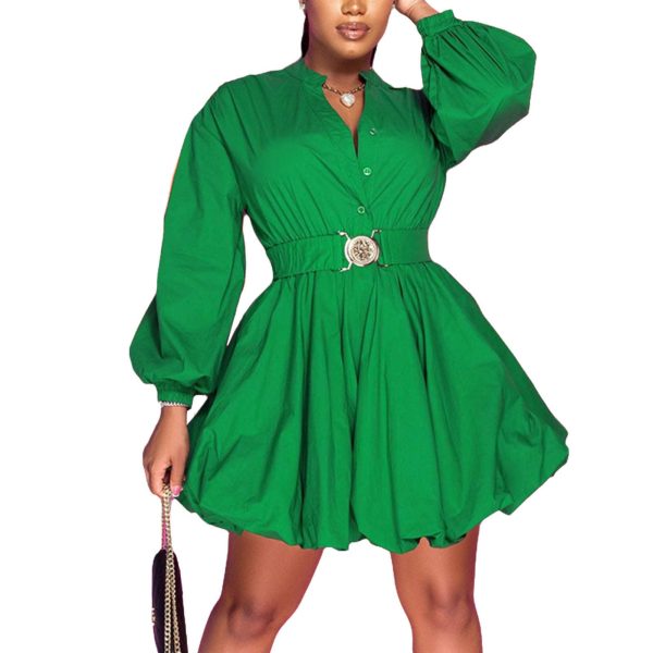 Womens Button Down Shirt Dress Long Sleeve A-Line Casual Puffy Short Mini Dress with Belt