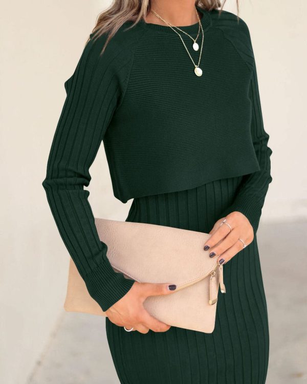 Women's Long Sleeve Sweater Dresses 2 Piece Outfits Sets Ribbed Knit Crop Tops and Tank Bodycon Midi Dress