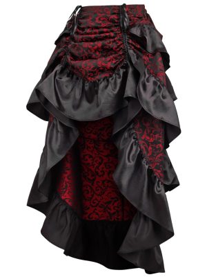 Women's Red/Black Brocade Adjustable High Low Bustle Skirt