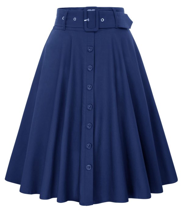 Women's Vintage Skirts High Waisted Flared A-Line Midi Skirt with Belt Pockets & Belts