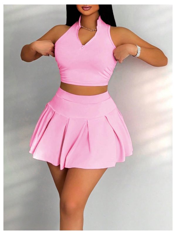 Women's Summer 2 Piece Outfits Half Zip Crop Tank Tops and Mini Pleated Skirt Set