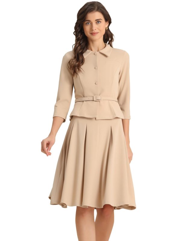 Business Skirt Suit Sets for Women's 2 Piece Outfits Office 3/4 Sleeve Blazer Jacket Pleated Skirts