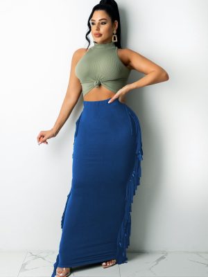 Women's Elastic Waist Slim Sexy Bodycon Skirts Party Club Night Out Long Pencil Maxi Skirt with Side Tassels