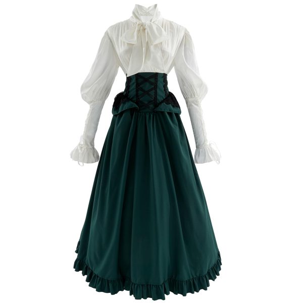 Victorian Dress Costume Women Medieval Vintage Edwardian Blouse Maxi Skirt Set
