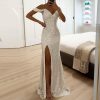 Off Shoulder Prom Dresses for Women 2025 Long Sparkly Sequin Mermaid Evening Dresses Bridesmaid Formal Gown with Slit