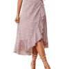 Women's Boho Floral Print Wrap Front Self Tie Knot Ruffle Hem Split Midi Skirt