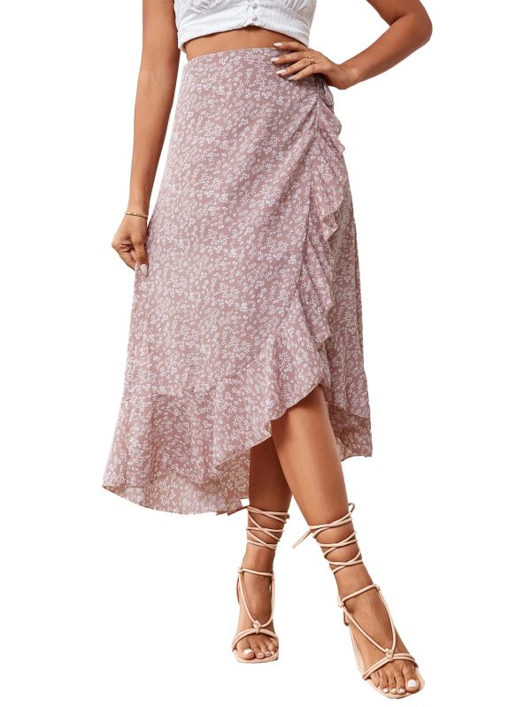 Women's Boho Floral Print Wrap Front Self Tie Knot Ruffle Hem Split Midi Skirt