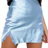 Women's Satin Silky Lace Trim Split Slit Hem Zipper High Wasit Mini Short Skirt