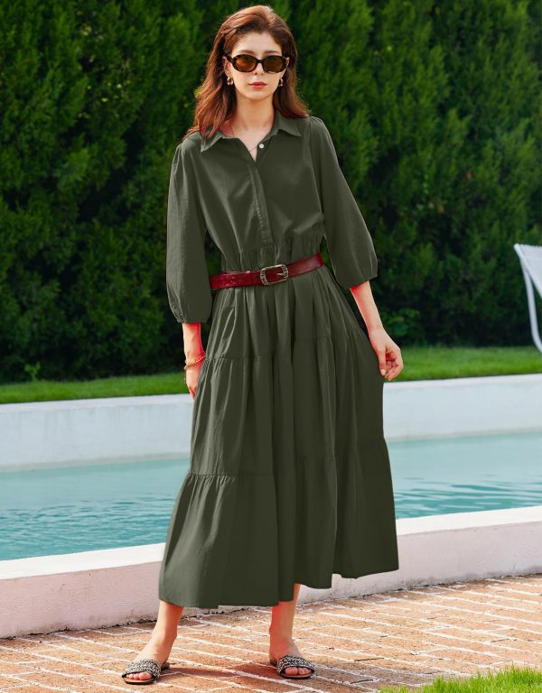 Women Flowy Maxi Shirt Dress Casual Button Down V Neck Ruffled Beach Long Dresses with Pockets