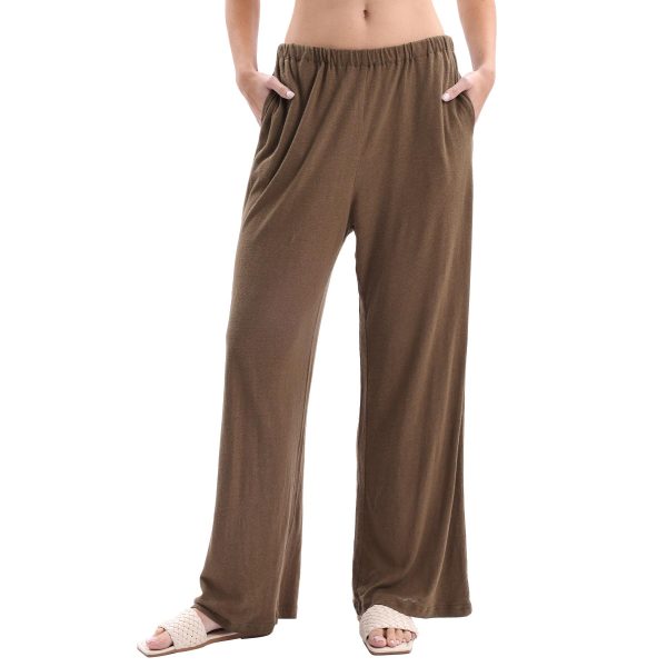 Womens Linen Knit High Waist Elastic Wide Leg Lounge Pants with Pockets
