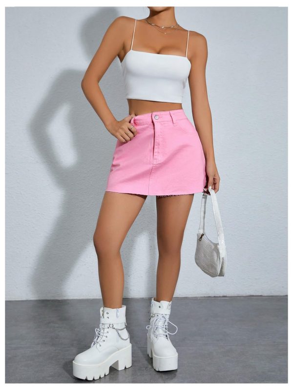 Women's Causal High Waist Raw Hem Pocket Denim Jean Short Skirt