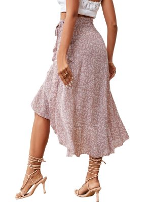 Women's Boho Floral Print Wrap Front Self Tie Knot Ruffle Hem Split Midi Skirt