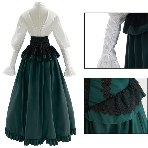 Victorian Dress Costume Women Medieval Vintage Edwardian Blouse Maxi Skirt Set