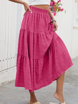 Women's Summer Casual Elegant Smock Layered Tiered Maxi Skirt High Waisted A Line Flowy Long Skirts with Pockets