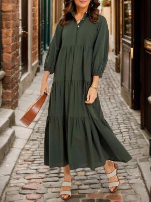 Women Flowy Maxi Shirt Dress Casual Button Down V Neck Ruffled Beach Long Dresses with Pockets