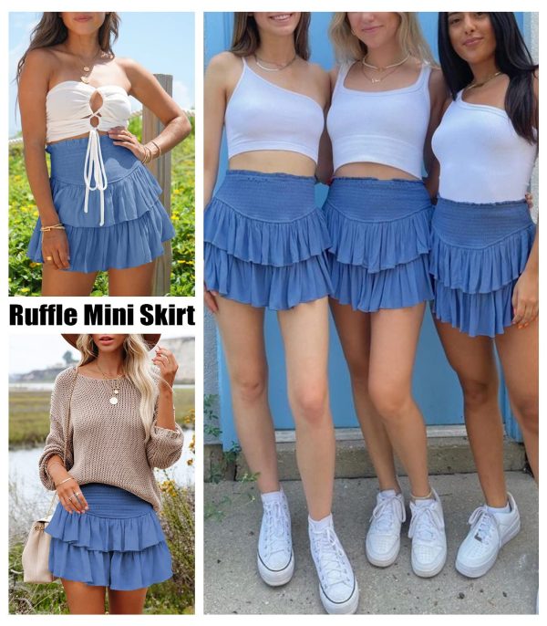 Women's Cute High Waist Ruffle Mini Skirt Layered Ruffle Hem Flared Flowy Casual Swing Beach Mini Short Skirt